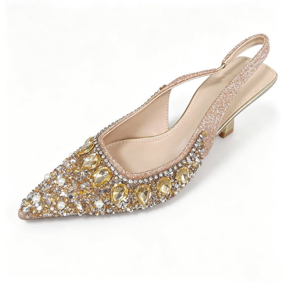 Block Hel Women's Pointed Toe Slingback Kitten Heels, Champagne Gold Rhinestone ...