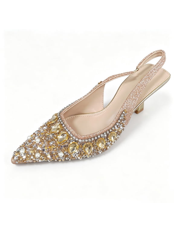 Women's Pointed Toe Slingback Kitten Heels, Champagne Gold Rhinestone Pearl Beaded Pumps, Low Block Heel Sparkly Formal Dress Shoes for Wedding Prom Evening Party