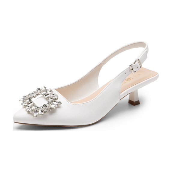 Women's Pointed Toe Slingback Kitten Heels With Rhinestone Buckle