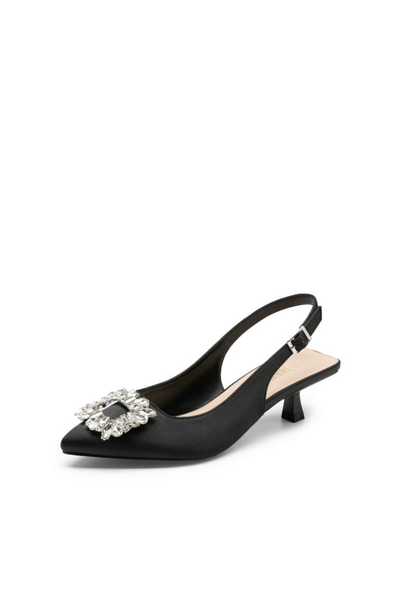 Women's Pointed Toe Slingback Kitten Heels With Rhinestone Buckle