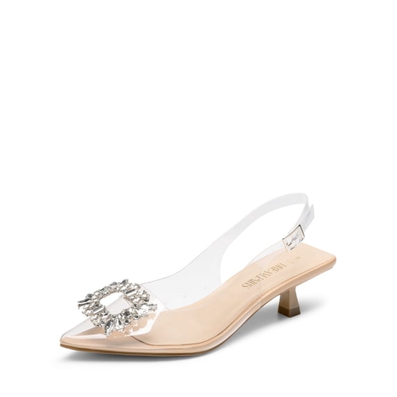 Women's Pointed Toe Slingback Kitten Heels With Rhinestone Buckle
