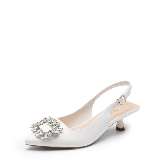 Women's Pointed Toe Slingback Kitten Heels With Rhinestone Buckle