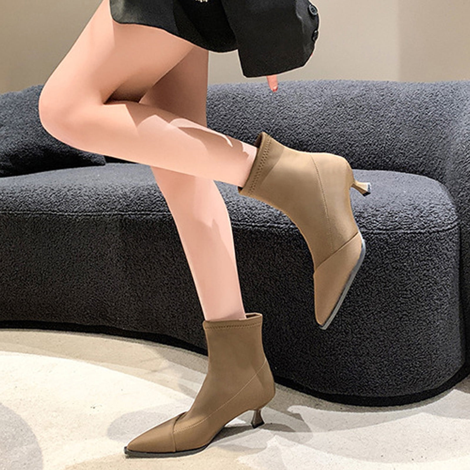 Women's Pointed Toe Stiletto Heel Ankle Boots Stretch Low Heel Booties  Wedding Dress Shoes 
