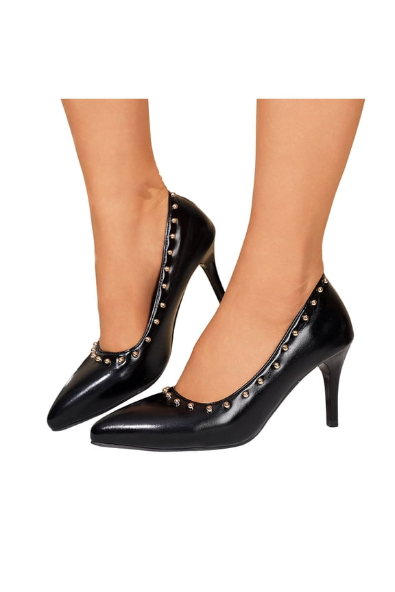 Women's Pointed Toe Stilettos High Heel Sandals Fashion Studded Lightweight Patent Leather Pumps Dress Shoes Black Size 7