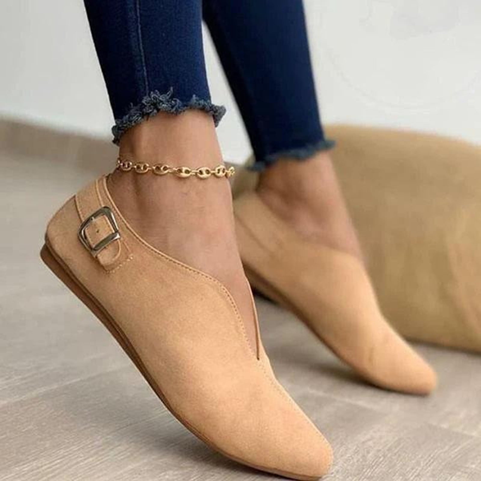 Women's Pointed Toe Suede Flock Casual Summer Flats Buckle Strap Loafers  Shoes