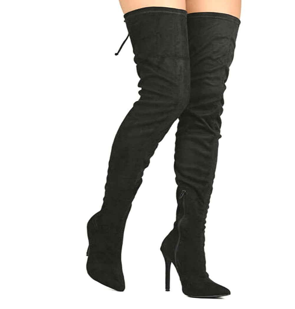 Black Suede Pointed Toe Thigh High Boots