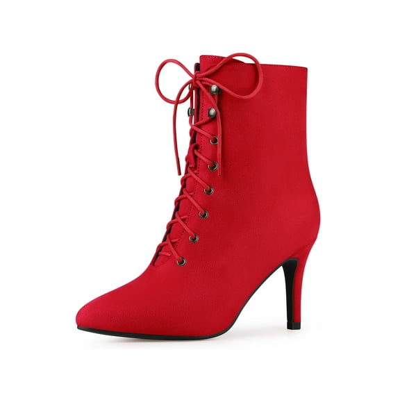 BLISSFUL STEP Women's Ankle Boots Faux Suede Lace Up Pointed Toe Stiletto Heel Ankle Booties Dark Red 6.5