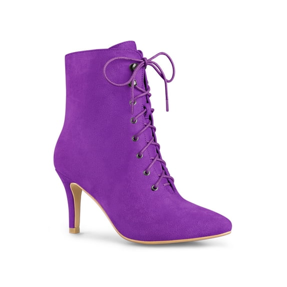 BLISSFUL STEP Women's Ankle Boots Faux Suede Lace Up Pointed Toe Stiletto Heel Ankle Booties Purple 5.5