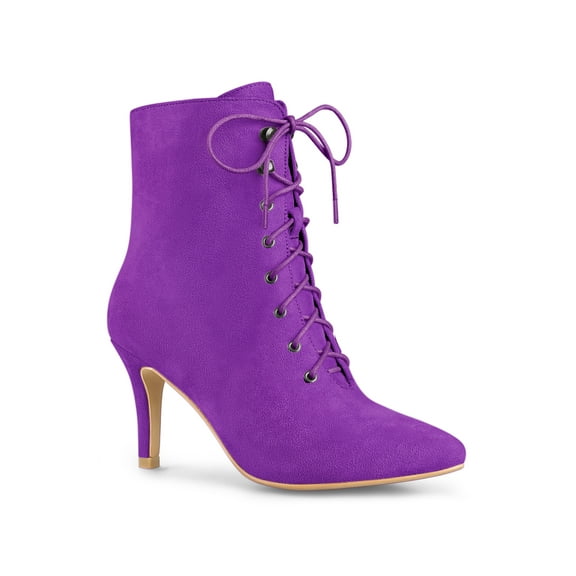 BLISSFUL STEP Women's Ankle Boots Faux Suede Lace Up Pointed Toe Stiletto Heel Ankle Booties Purple 8