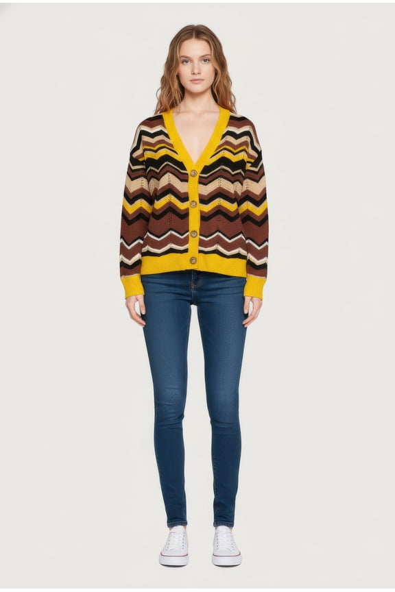 Women's Pointelle Chevron Stripe Button Front Cardigan