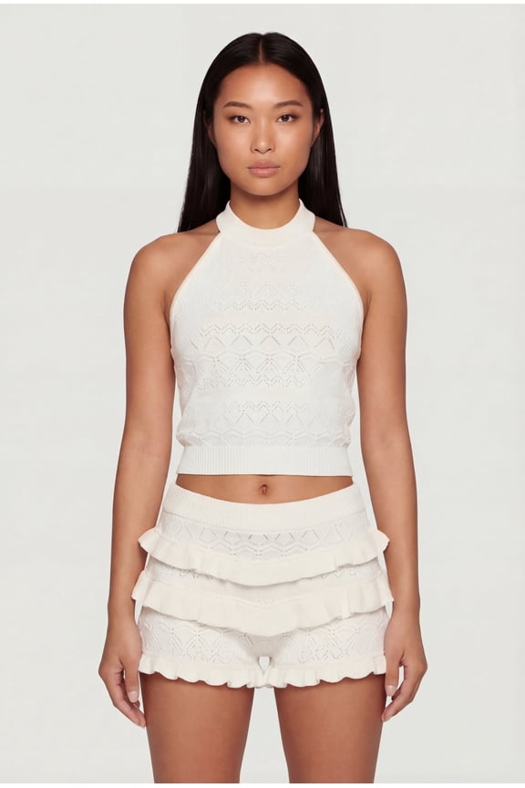 Women's Pointelle Knit Halter Crop Top