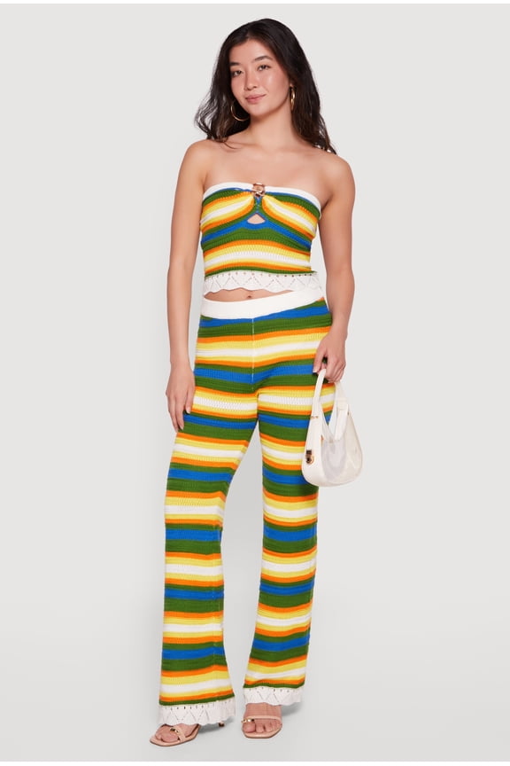 Women's Pointelle Knit Hem Striped Flare Leg Crochet Pants