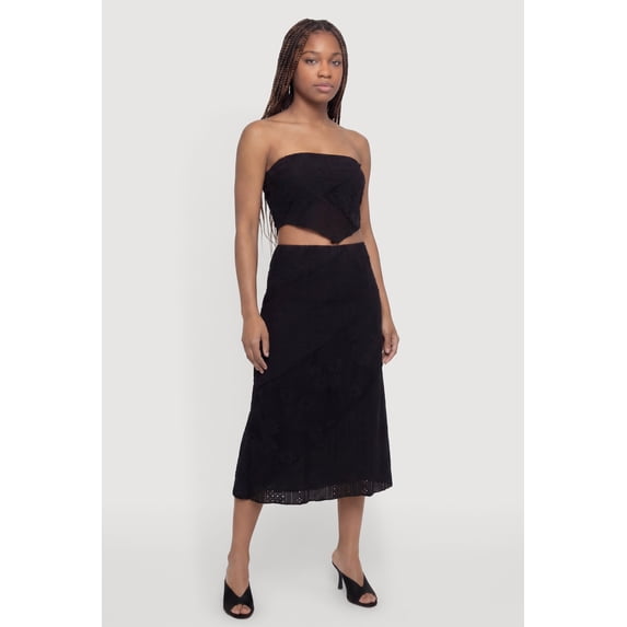 Women's Pointelle Knit Lace Patchwork Midi Skirt