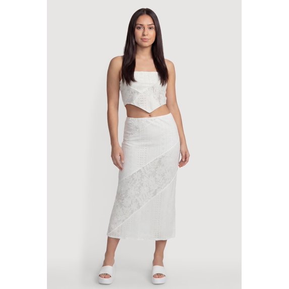 Women's Pointelle Knit Lace Patchwork Midi Skirt