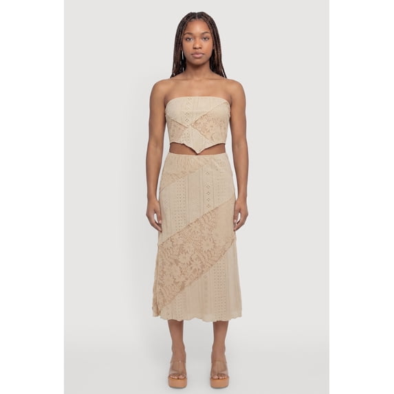 Women's Pointelle Knit Lace Patchwork Midi Skirt