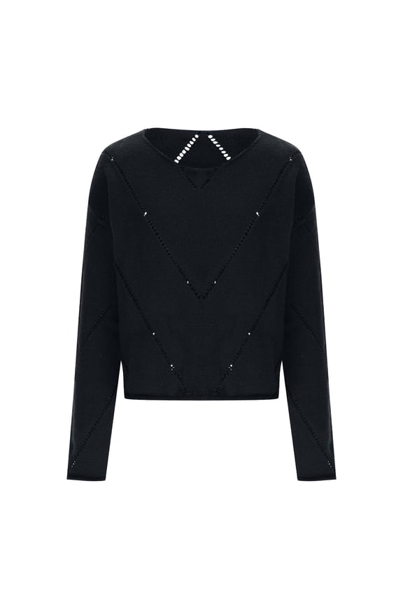 Women's Pointelle Sweater Crew Neck Long Sleeve Cable Knit Pullover Top Navy L