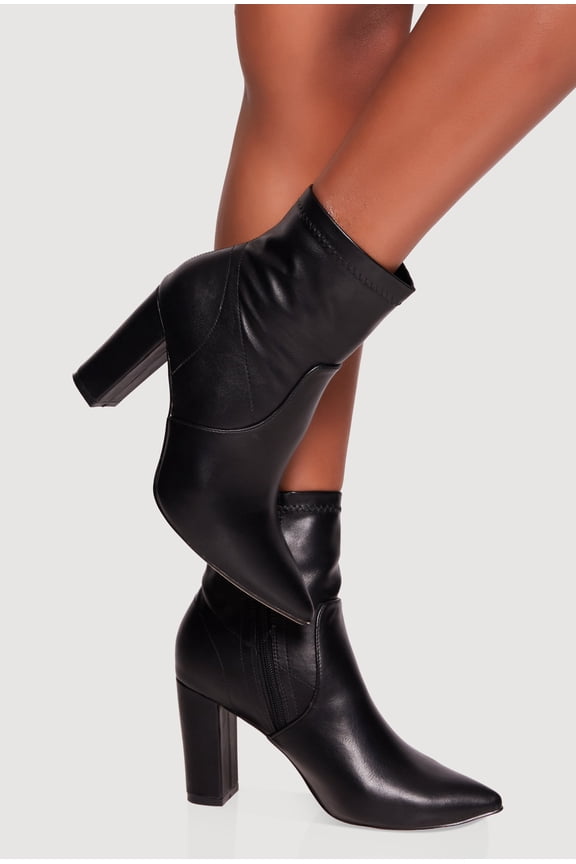 Women's Pointy Toe Block Heel Faux Leather Ankle Booties