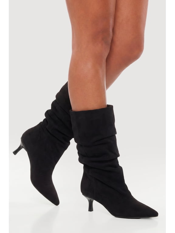 Women's Pointy Toe Kitten Heel Mid Calf Slouch Boots