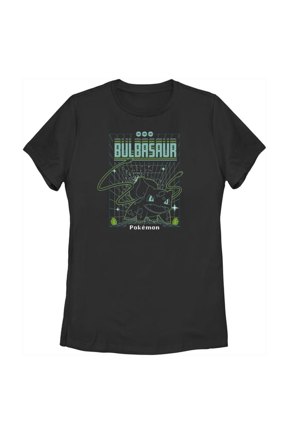 Women's Pokemon Bulbasaur Retro Grid  Graphic Tee Black Small