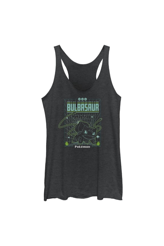 Women's Pokemon Bulbasaur Retro Grid Racerback Tank Top Black Heather Medium