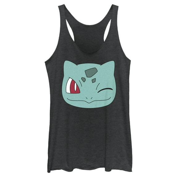 Women's Pokemon Bulbasaur Wink Face Racerback Tank Top Black Heather 2X Large