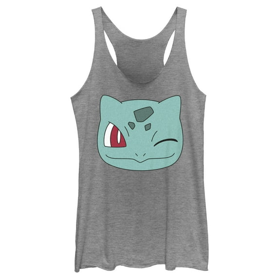 Women's Pokemon Bulbasaur Wink Face Racerback Tank Top Gray Heather Large