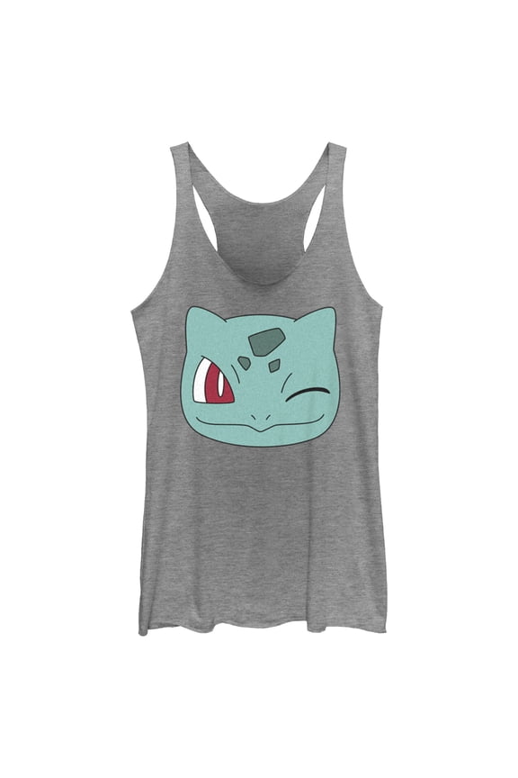 Women's Pokemon Bulbasaur Wink Face  Racerback Tank Top Gray Heather Medium