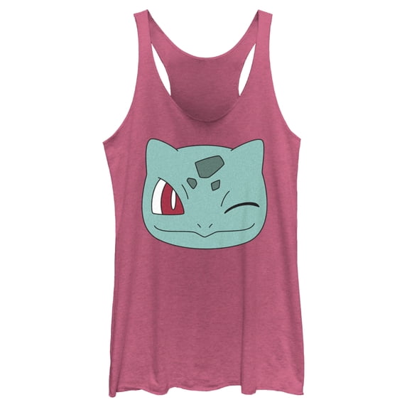 Women's Pokemon Bulbasaur Wink Face Racerback Tank Top Pink Heather Large