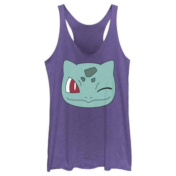 Women's Pokemon Bulbasaur Wink Face Racerback Tank Top Purple Heather 2X Large