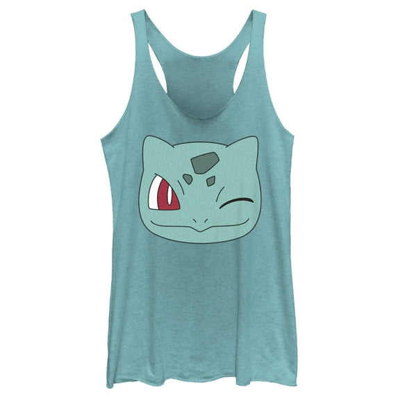 Women's Pokemon Bulbasaur Wink Face Racerback Tank Top Tahiti Blue 2X Large