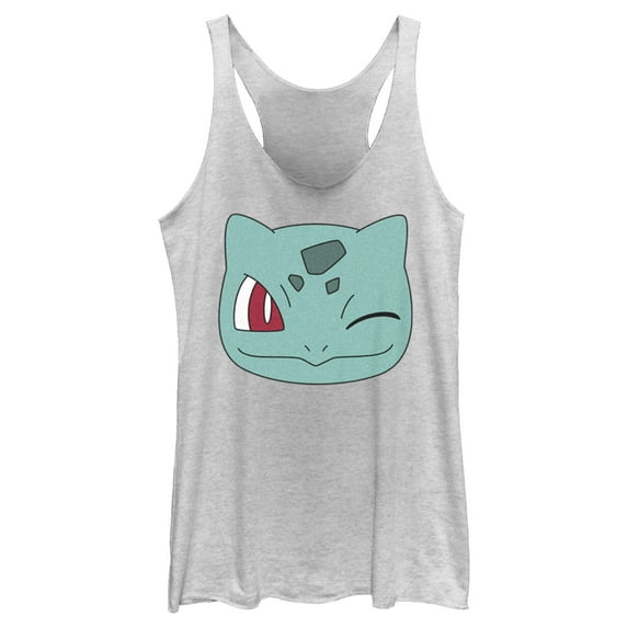 Women's Pokemon Bulbasaur Wink Face Racerback Tank Top White Heather X Small