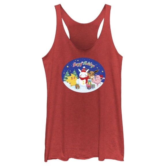 Women's Pokemon Christmas Happy Holidays Snowman Racerback Tank Top Red Heather Medium