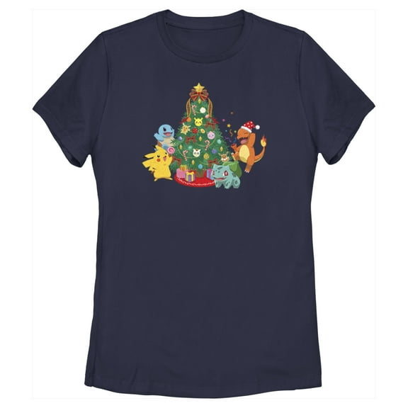 Women's Pokemon Christmas Tree Characters  Graphic Tee Navy Blue Large