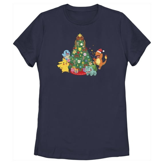 Women's Pokemon Christmas Tree Characters Graphic Tee Navy Blue X Large