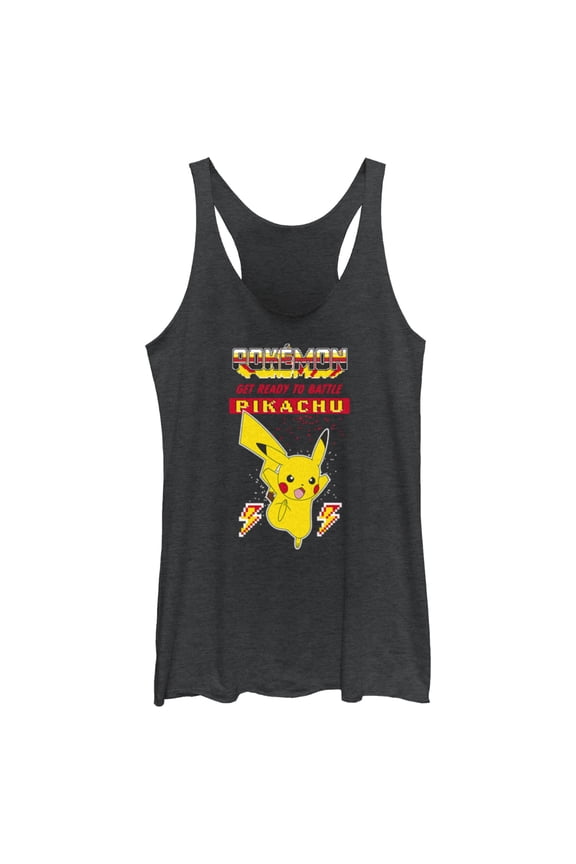 Women's Pokemon Get Ready to Battle Pikachu Retro Racerback Tank Top Black Heather Large