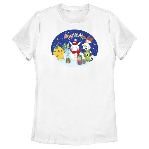 Women's Pokemon Happy Holidays Snowman Pikachu  Graphic Tee White X Large