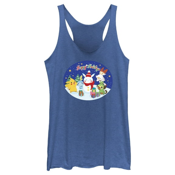 Women's Pokemon Happy Holidays Snowman Pikachu  Racerback Tank Top Royal Blue Heather X Large