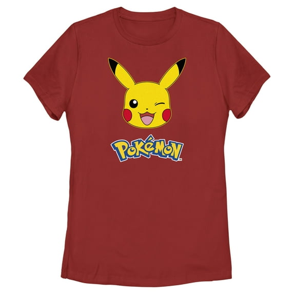 Women's Pokemon Logo Pikachu Wink Graphic Tee Red Small