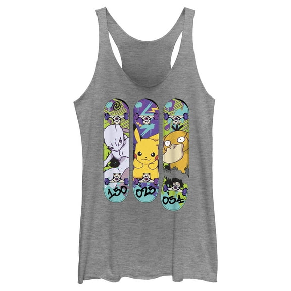 Women's Pokemon Mewtwo, Pikachu, and Psyduck Skateboard Decks Racerback Tank Top Gray Heather X Large