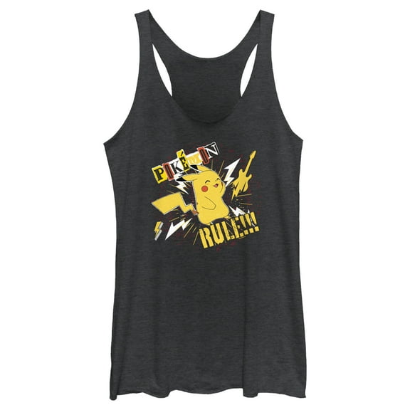 Women's Pokemon Pikachu Rules Guitar Racerback Tank Top Black Heather 2X Large