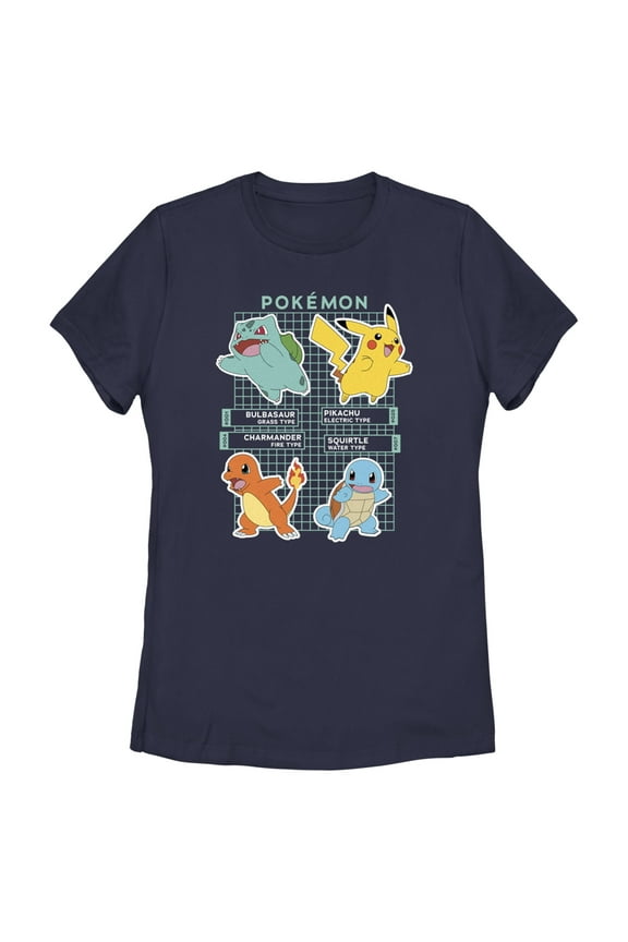 Women's Pokemon Starters Grid Pokedex Graphic Tee Navy Blue Large