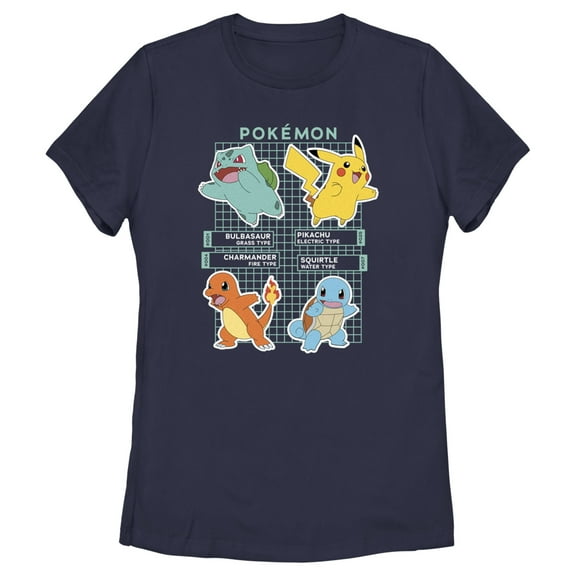 Women's Pokemon Starters Grid Pokedex Graphic Tee Navy Blue Large
