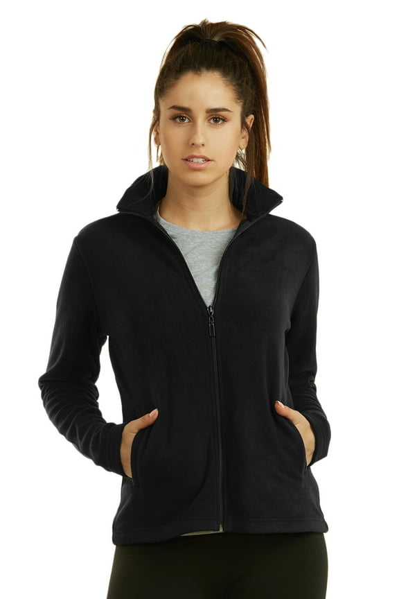 Women's Polar Fleece Full Zip Up Winter Jacket (L, Black)
