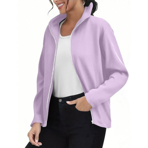 Women's Polar Fleece Full Zip Up Winter Jacket Long Mock Neck Jackets Solid Color Casual Soft Coats with Pockets