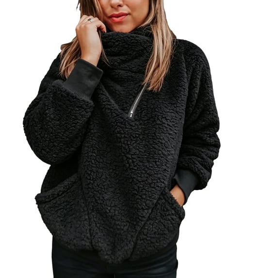 Women's Polar Fleece Half Zip Sweatshirt, Funnel Neck Long Sleeve Pullover with Side Pockets