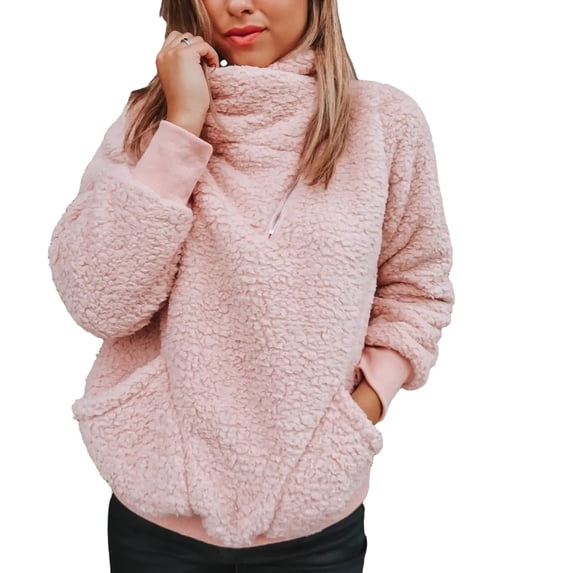 Women's Polar Fleece Half Zip Sweatshirt, Funnel Neck Long Sleeve Pullover with Side Pockets