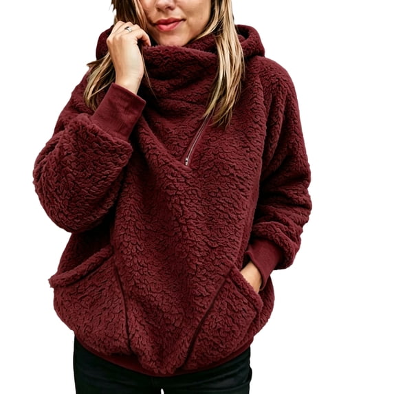 Women's Polar Fleece Half Zip Sweatshirt, Funnel Neck Long Sleeve Pullover with Side Pockets