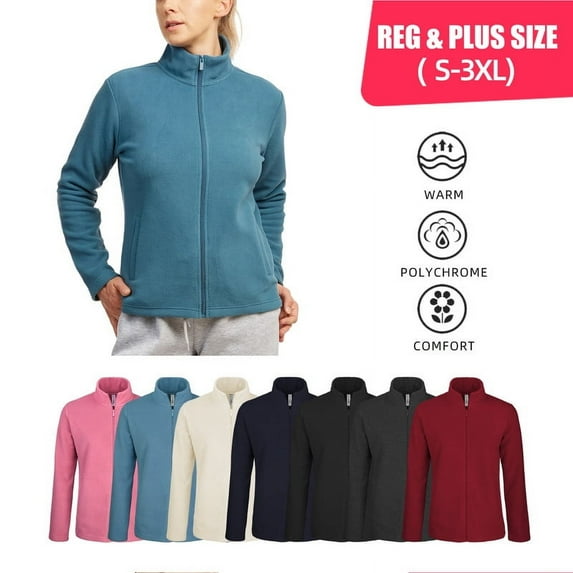 Women’s Polar Fleece Jacket with Pockets Full Zip Up S-3XL Regular & Plus Long Sleeve Lightweight Warm Coat Spring Fall Winter Activewear Womenswear