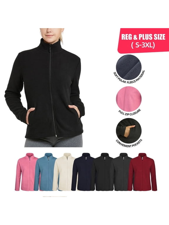 Women’s Polar Fleece Jacket with Pockets Full Zip Up S-3XL Regular & Plus Long Sleeve Lightweight Warm Coat Spring Fall Winter Activewear Womenswear