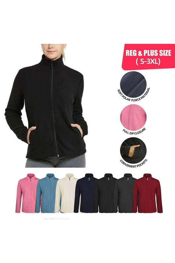 Women’s Polar Fleece Jacket with Pockets Full Zip Up S-3XL Regular & Plus Long Sleeve Lightweight Warm Coat Spring Fall Winter Activewear Womenswear